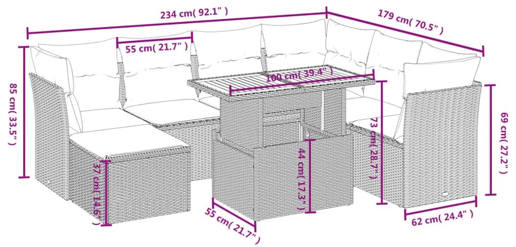 Set divano da giardino 8 pz con cuscini grigio in polyrattan