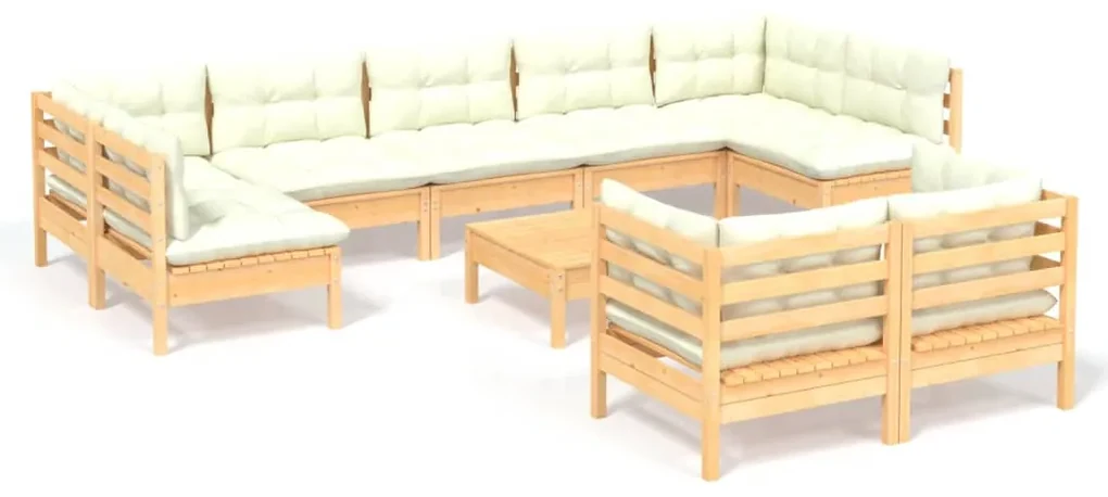 Set divani da giardino 10 pz con cuscini crema massello di pino