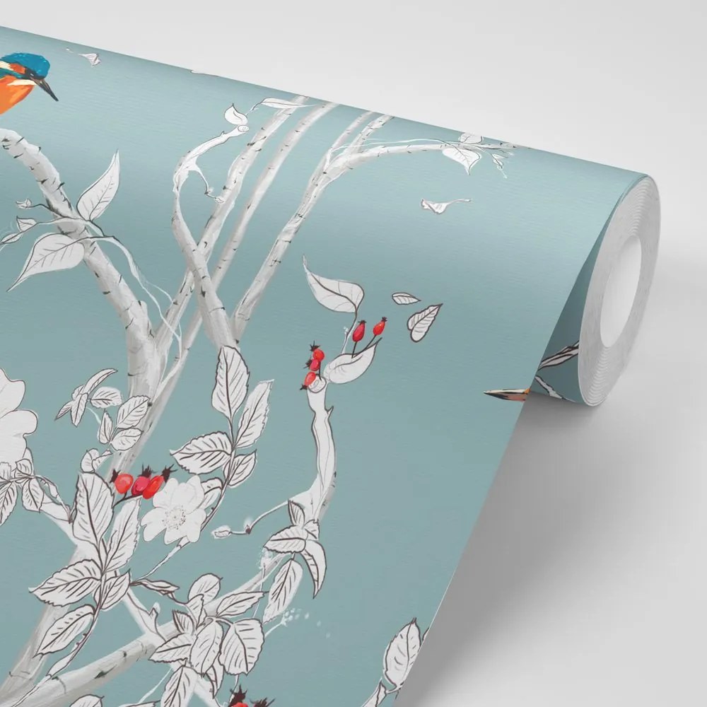 Carta da parati – Uccellini nella foresta fitta con sfondo blu