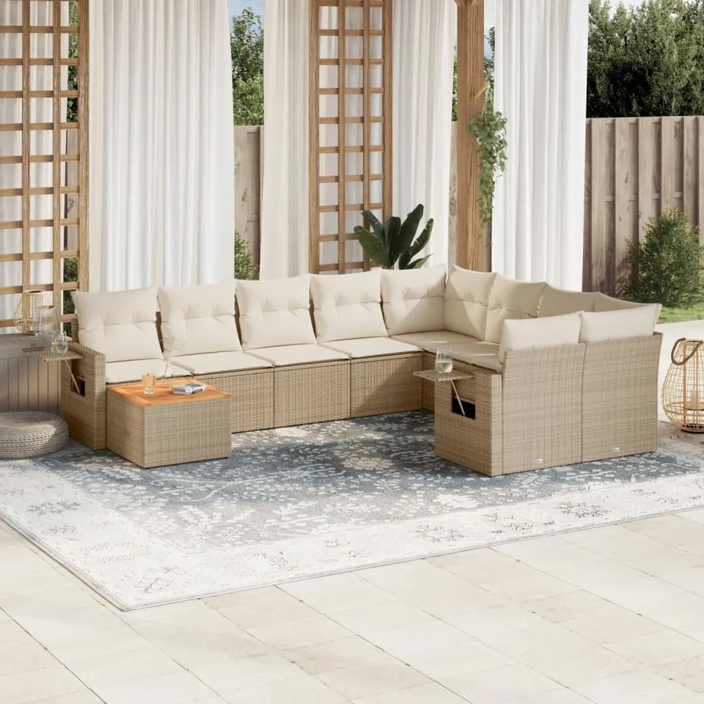 Set divano da giardino 10 pz con cuscini beige in polyrattan