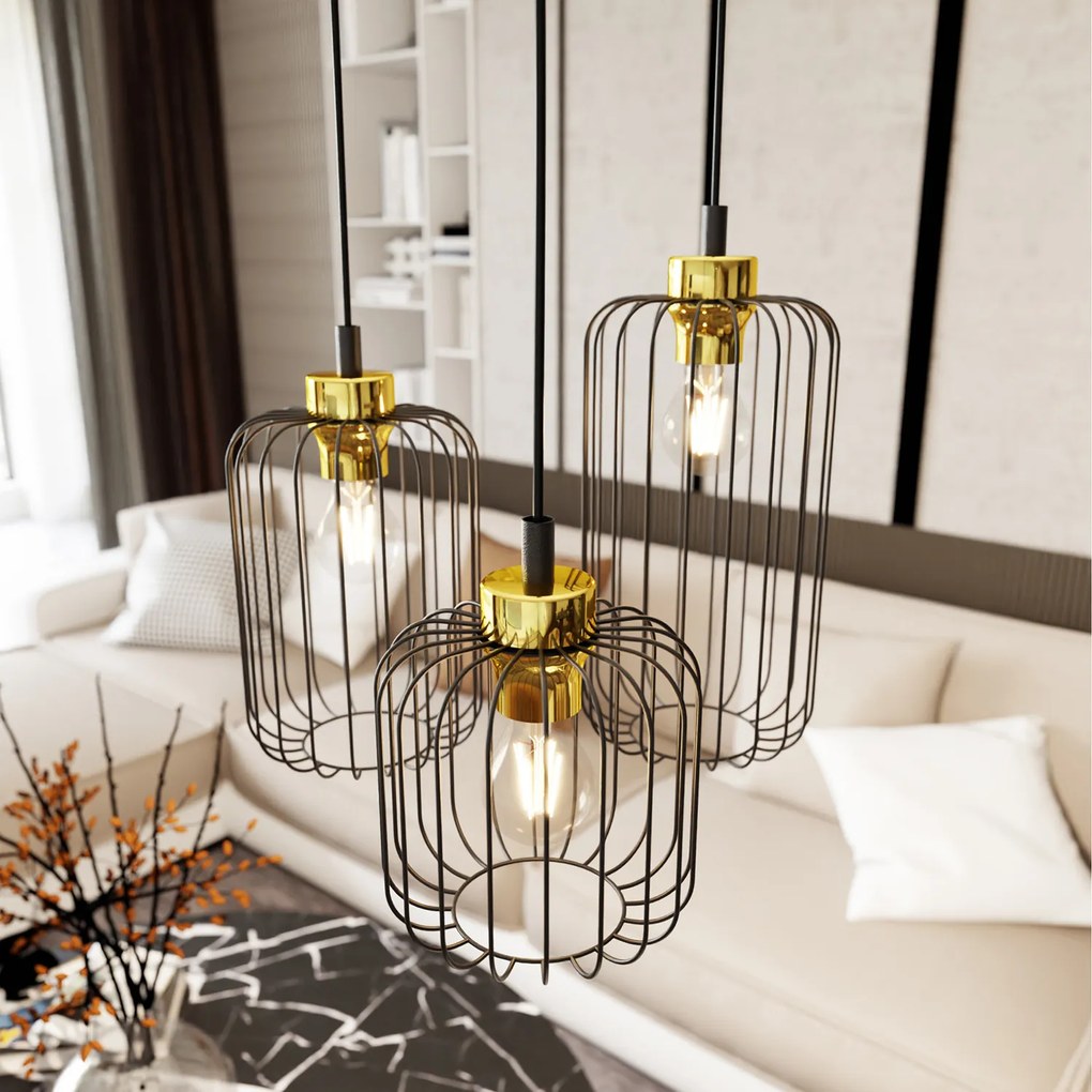 Sospensione Minimal Industrial Minerva 3 Luci Tonda Nera E Oro
