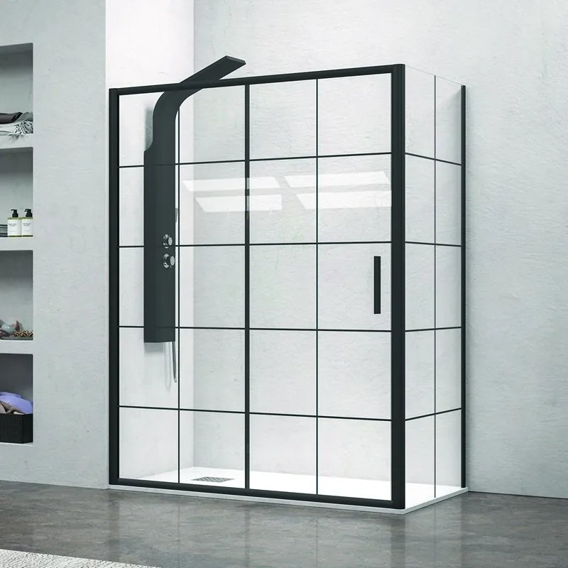 Box doccia nero 110x70 scorrevole e laterale fisso vetro a quadrati neri NICO-D3000S - KAMALU
