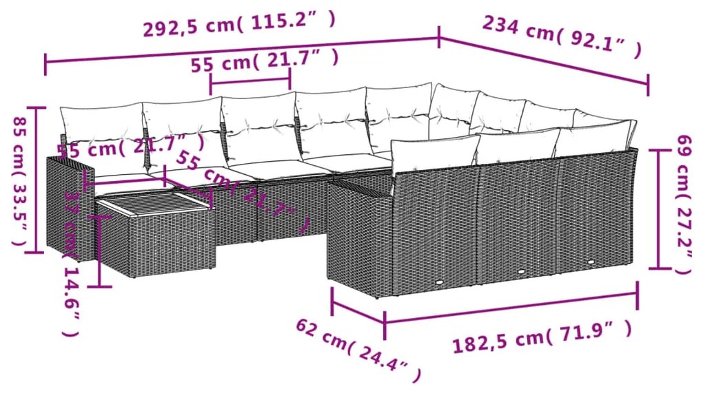 Set Divani da Giardino 11 pz con Cuscini in Polyrattan Nero