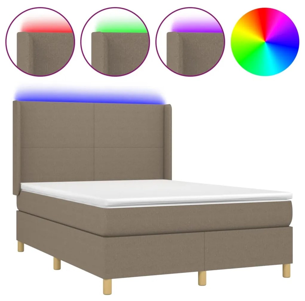 Letto a molle con materasso e led tortora 140x190 cm in tessuto