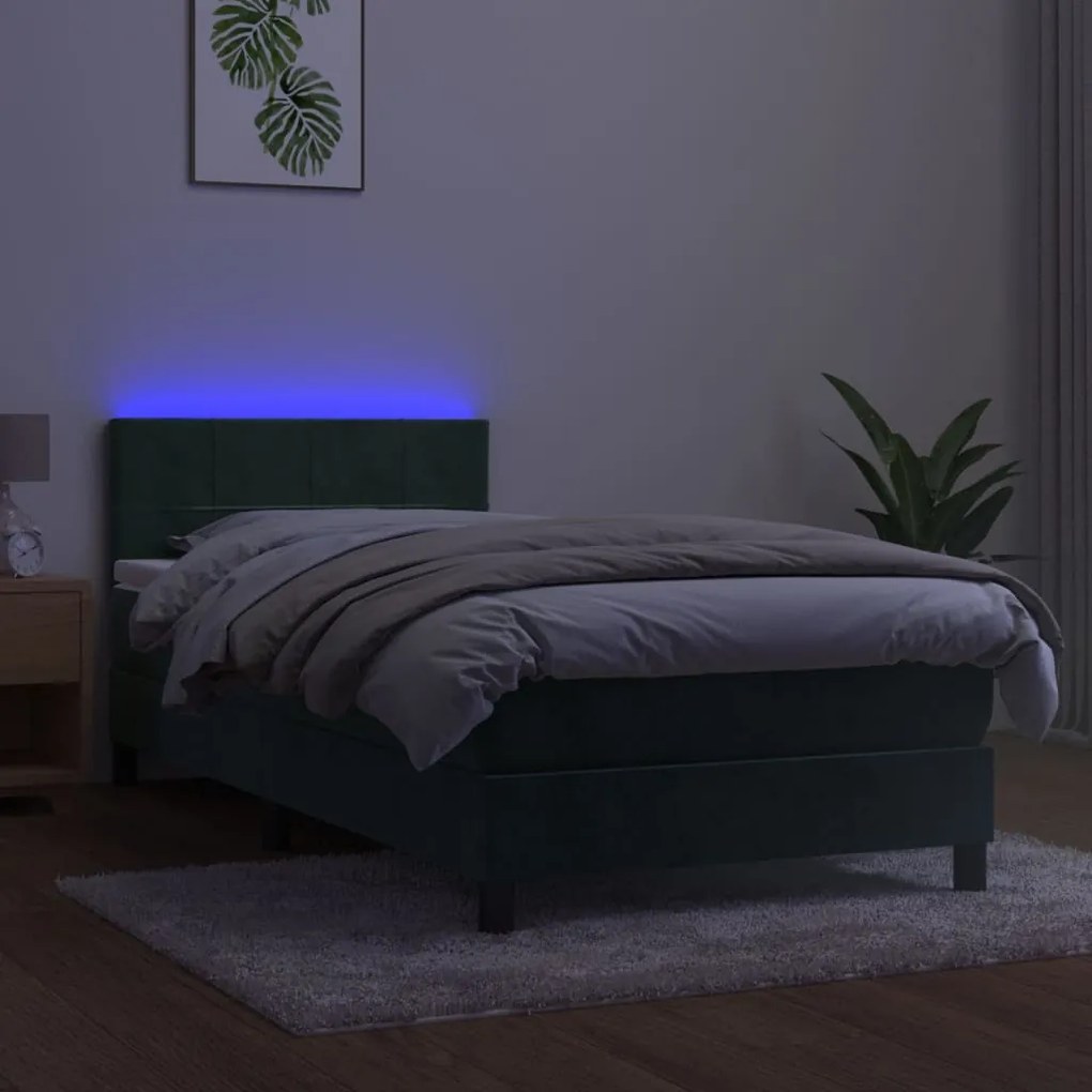 Letto a molle con materasso e led verde scuro 90x200cm velluto