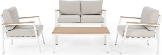 Salotto Da Esterno In Alluminio Bianco Inserti Legno Con Cuscini E Tavolino Belmar Bizzotto