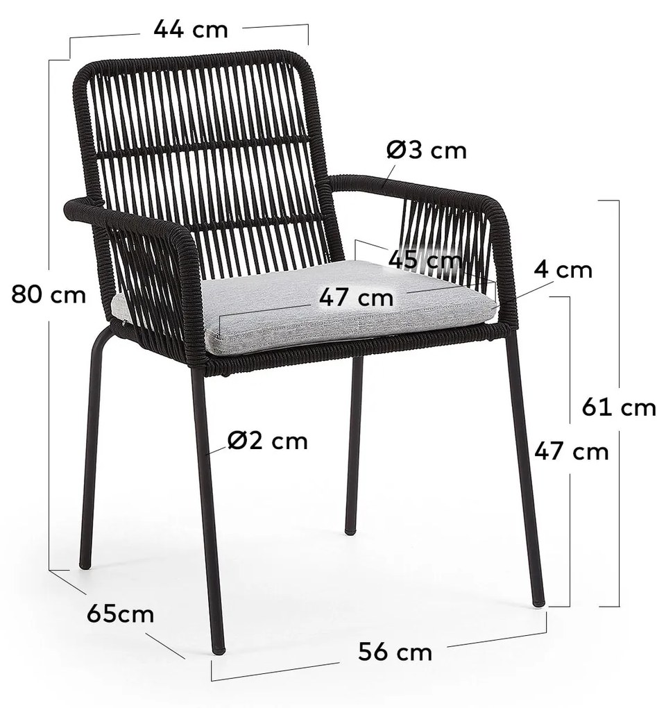 Kave Home - Sedia Samanta in corda nera e gambe in acciaio zincato