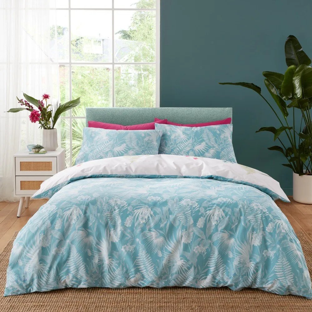 Set copripiumino e federa verde e blu per letto matrimoniale 200x200 cm Aruba Tropical Floral – Catherine Lansfield