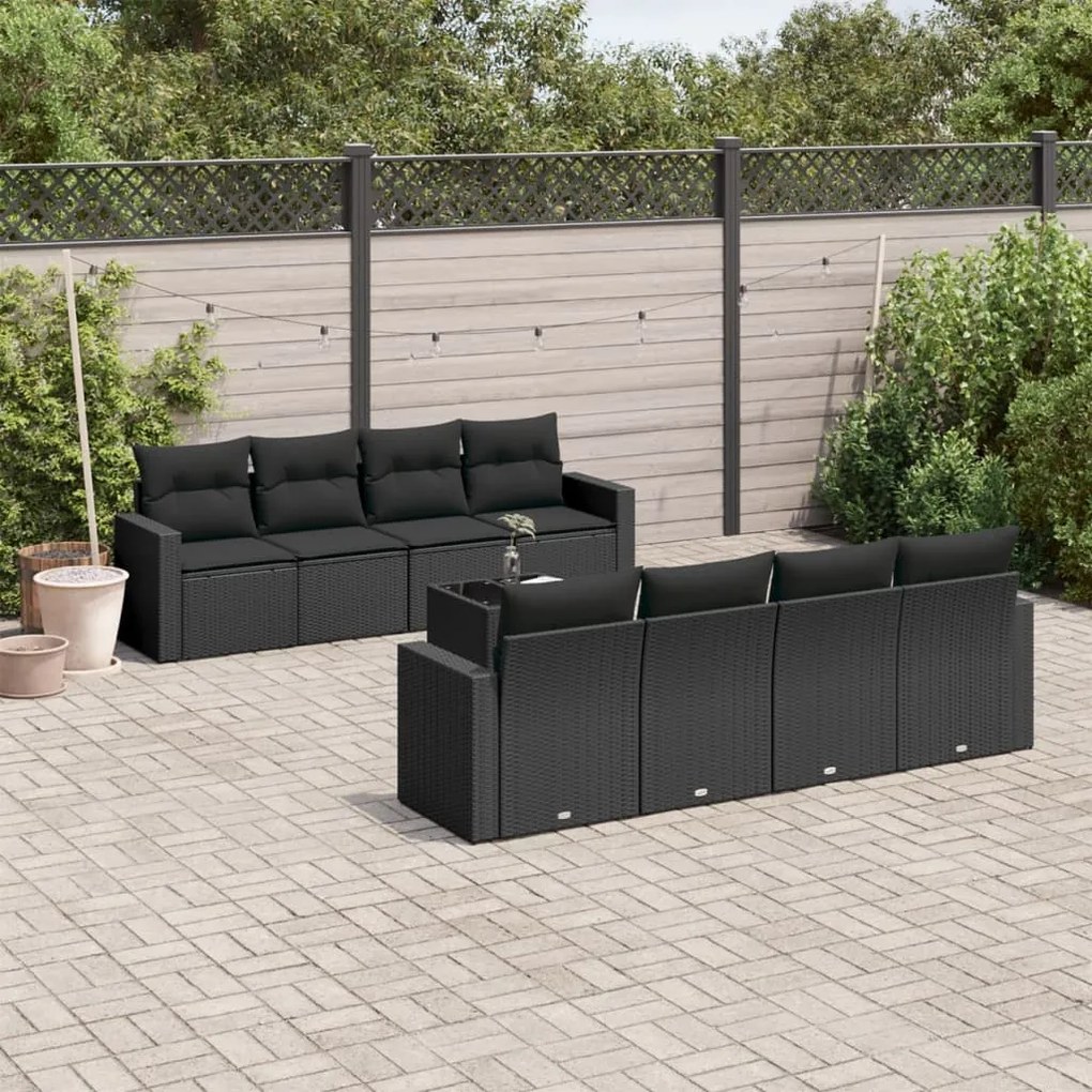 Set divani da giardino 9 pz con cuscini nero in polyrattan