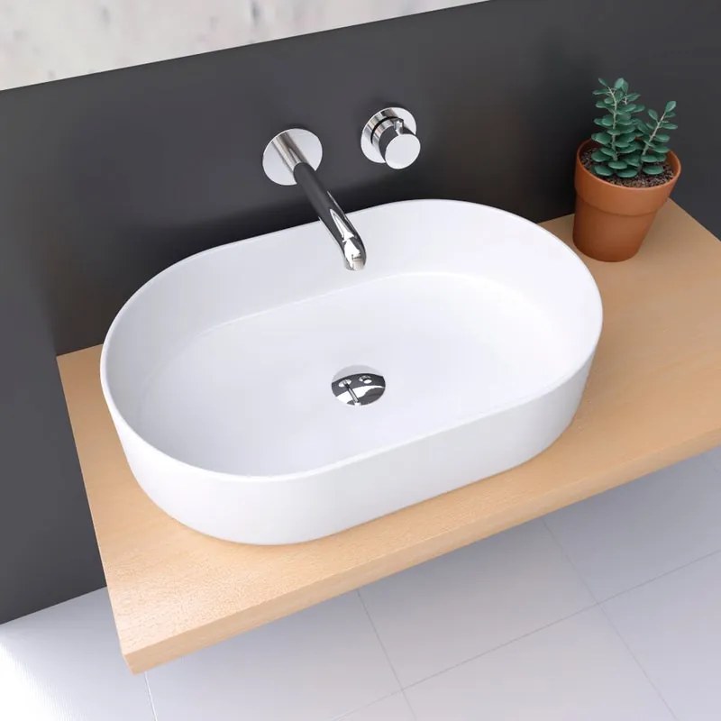 Lavabo da appoggio TRAPANI SANYCCES ovale piletta non inclusa in ceramica L 60.5 x H 12.5 x P 12.5 cm bianco opaco piletta non inclusa