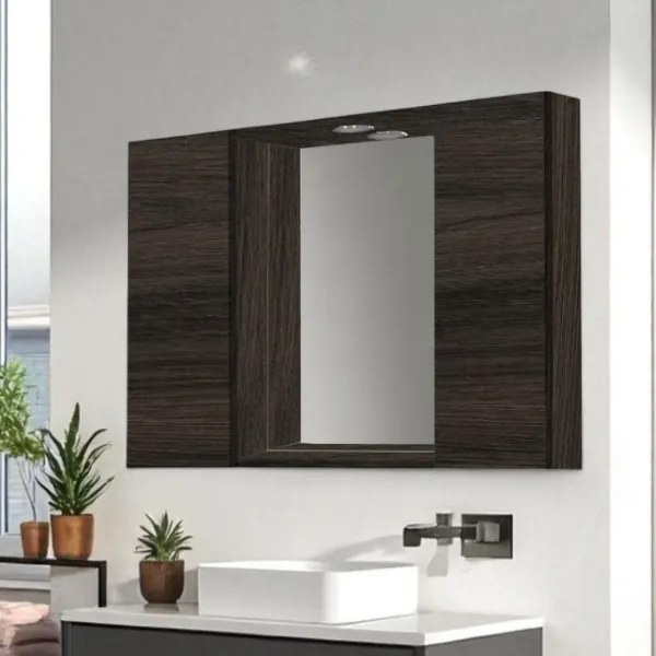Specchiera bagno in legno 81 cm a 2 ante con faretto LED Olmo Caffč