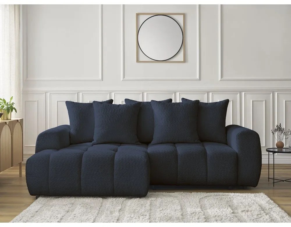 Divano angolare blu allungabile/con contenitore (con penisola a sinistra/con chaise lounge) con rivestimento in bouclé Roxelane – Bobochic Paris