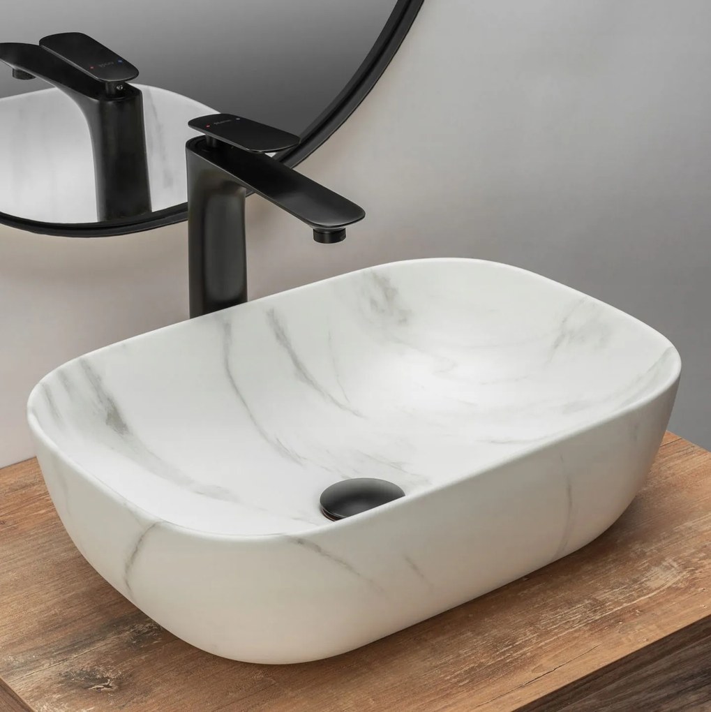 Set Lavabo da appoggio Belinda marble matt + Rubinetto da bagno Mayson black matt + Tappo black matt