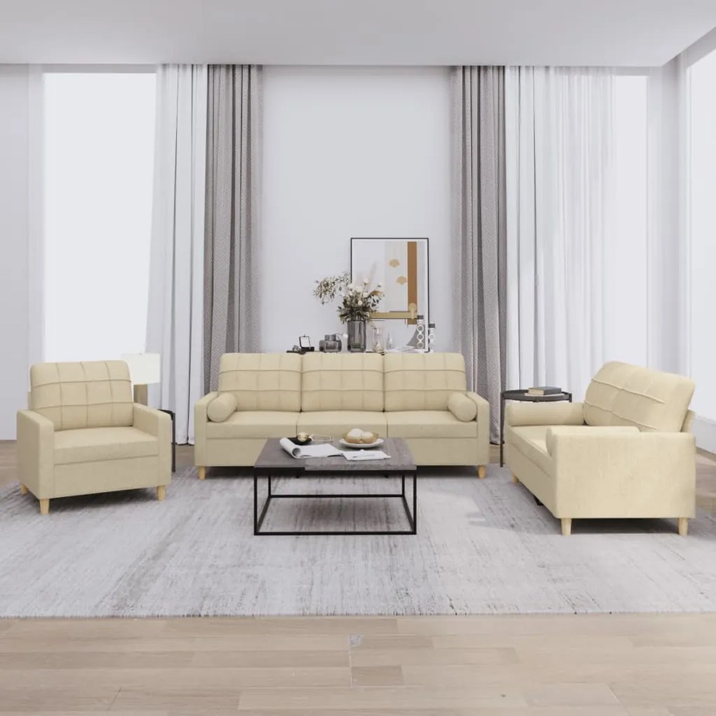 Set Divani 3 Pz Con Cuscini Crema İn Tessuto /