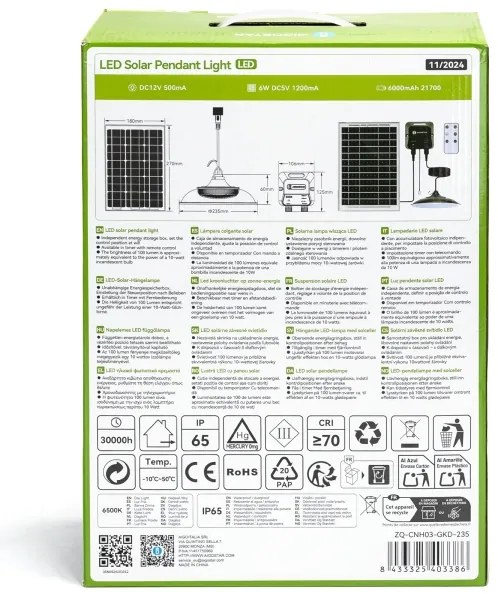 Aigostar - Lampadario solare a LED 70W/12V, batteria 6000 mAh, 6500K, diametro 23,5 cm