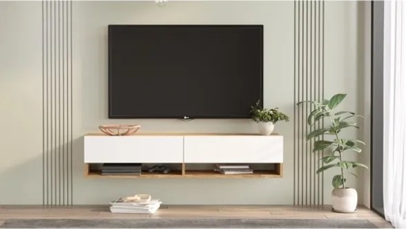 Mobile Tv Sospeso 140x32x30 Effetto Legno Rovere E Bianco Evolution
