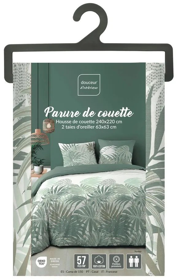 Set copripiumino e federa verde in cotone per letto matrimoniale ed esteso 240x220 cm Nymea – douceur d'intérieur