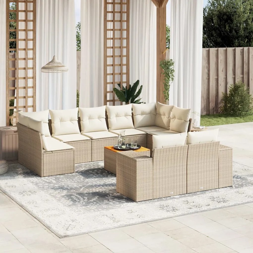 Set divano da giardino 10 pz con cuscini beige in polyrattan