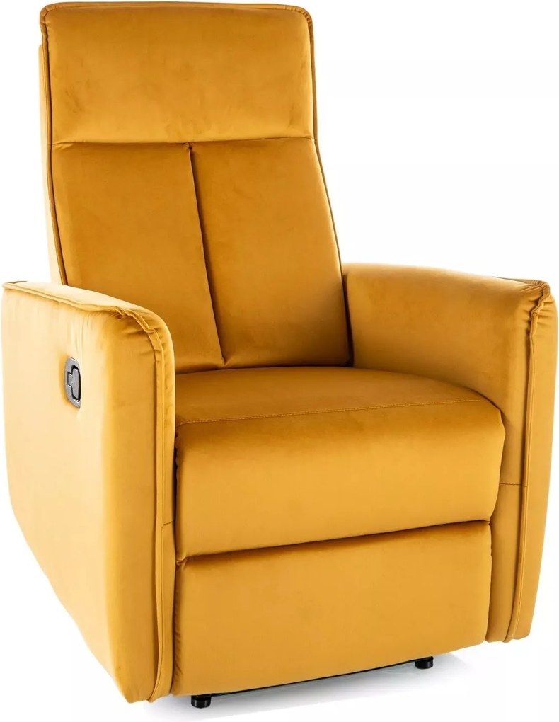Poltrona reclinabile Nikos in velluto curry – 72x86/159x105 cm