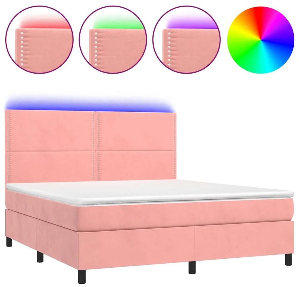Letto a molle con materasso e led rosa 160x200 cm in velluto