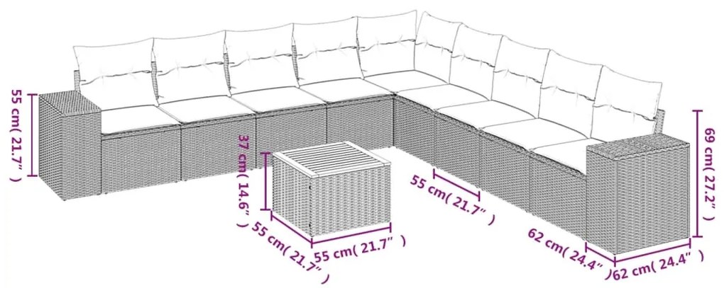 Set divano da giardino 10 pz con cuscini grigio in polyrattan