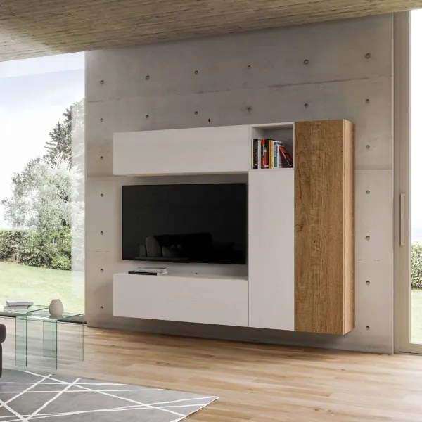 Parete soggiorno Isoka A18 L.214 H.174 P.39,5 Bianco e Quercia