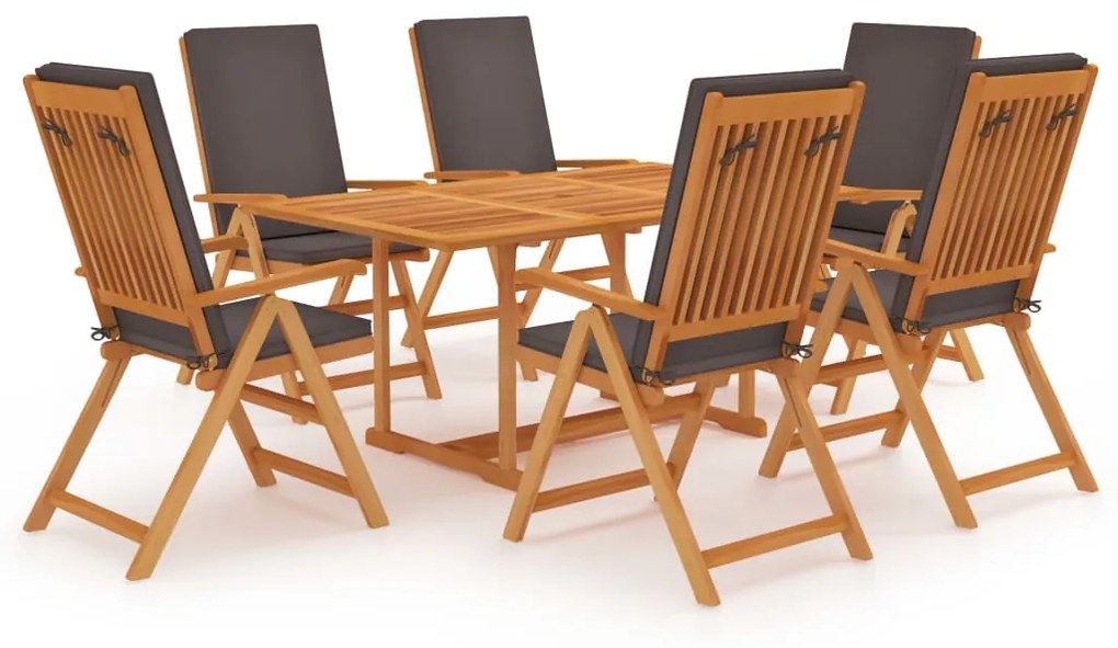 Set Da Pranzo Da Giardino 7 Pz Con Cuscini Grigi Legno Di Teak /