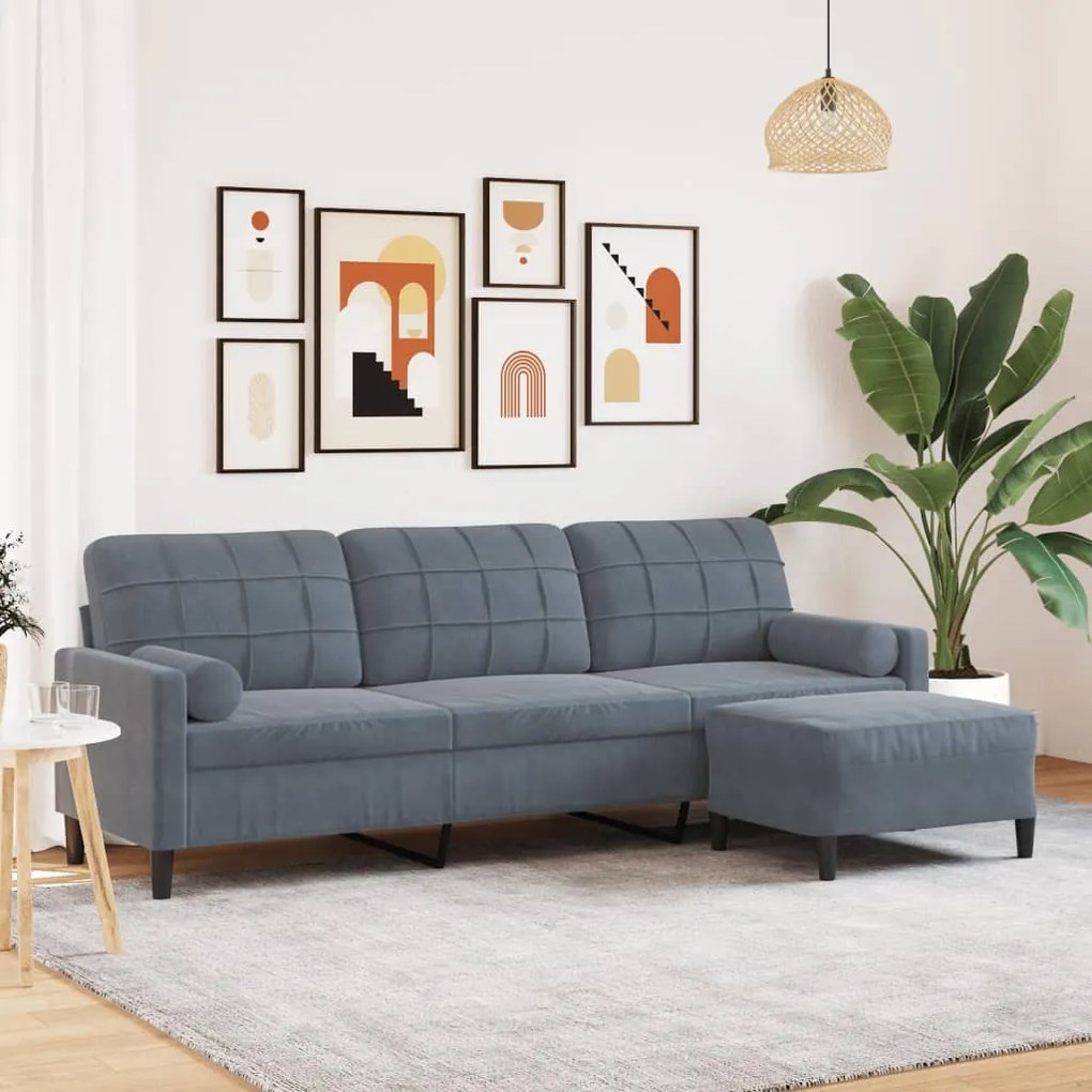Divano A 3 Posti Con Poggiapiedi Grigio Scuro 210cm İn Velluto /