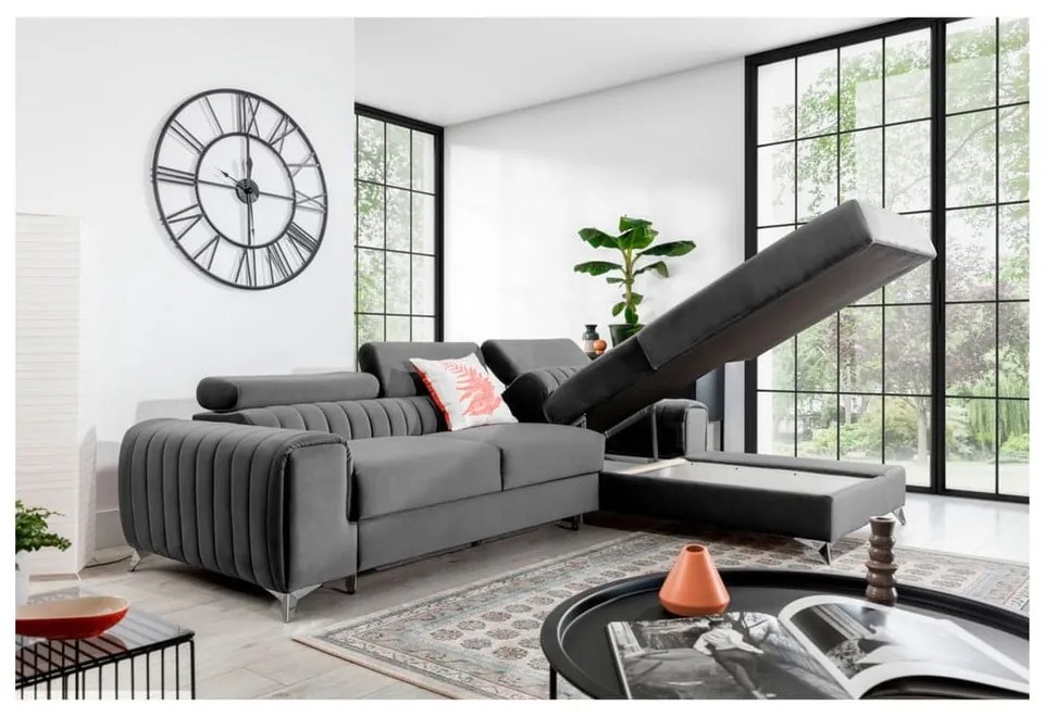 Divano angolare grigio allungabile/con contenitore (con penisola a destra/con chaise lounge) e rivestimento in velluto Grayson – ELTAP