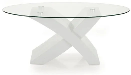 Tavolino piano in vetro ovale TITO con base color BIANCO FRASSINO