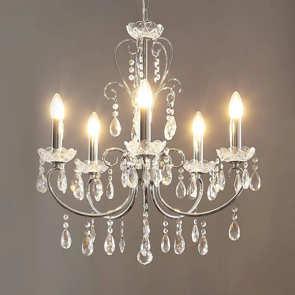 Lampadario di cristallo Solveig Lucande, dimmerabile, Cromo / Argento, Soggiorno / Sala da pranzo, Metallo, Lampadario di cristallo