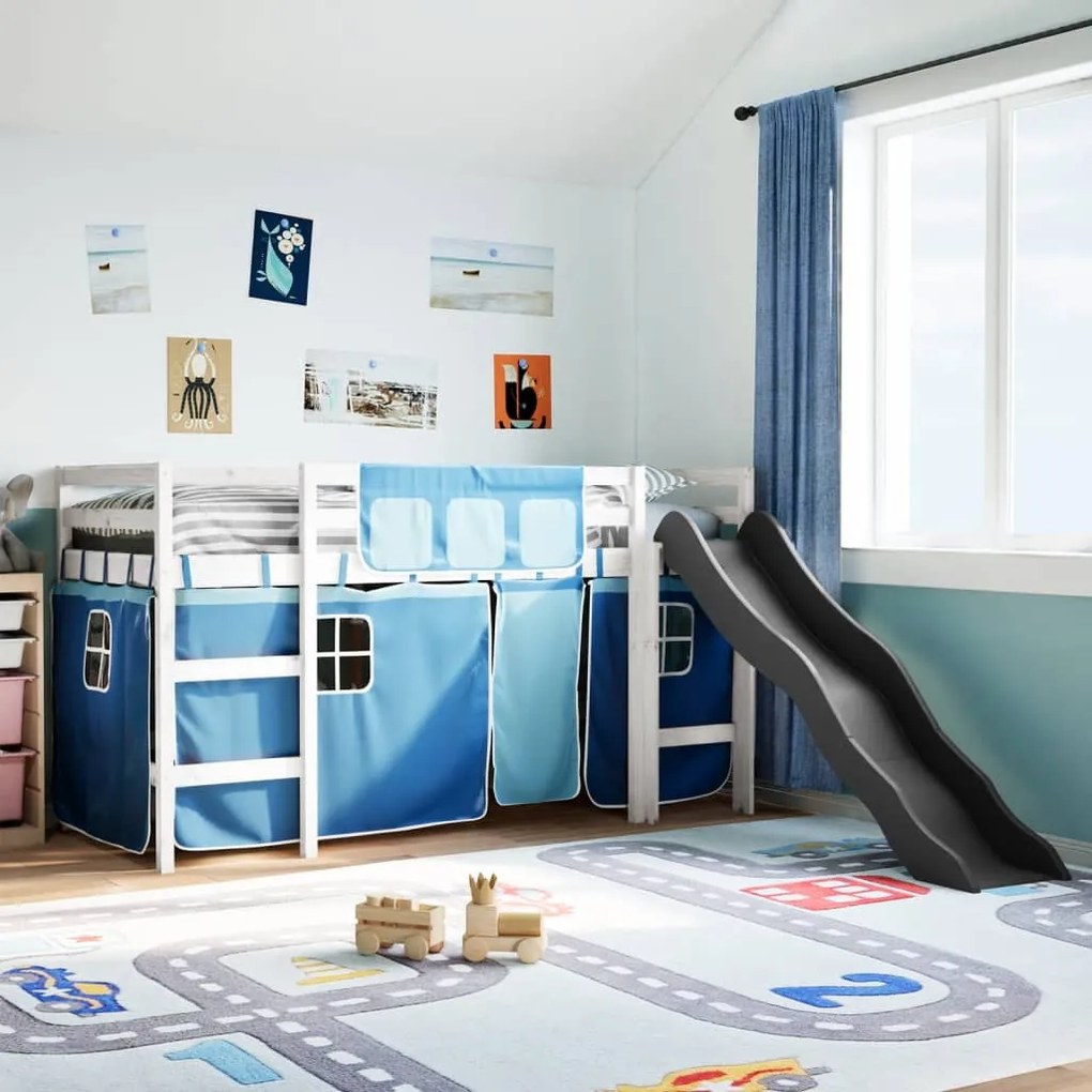 Letto A Soppalco Con Tende Bambini Blu 90x200 Cm Massello Pino /