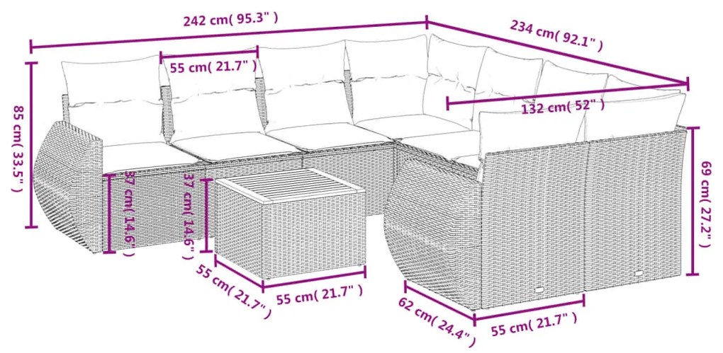 Set Divano da Giardino 9 pz con Cuscini Beige in Polyrattan