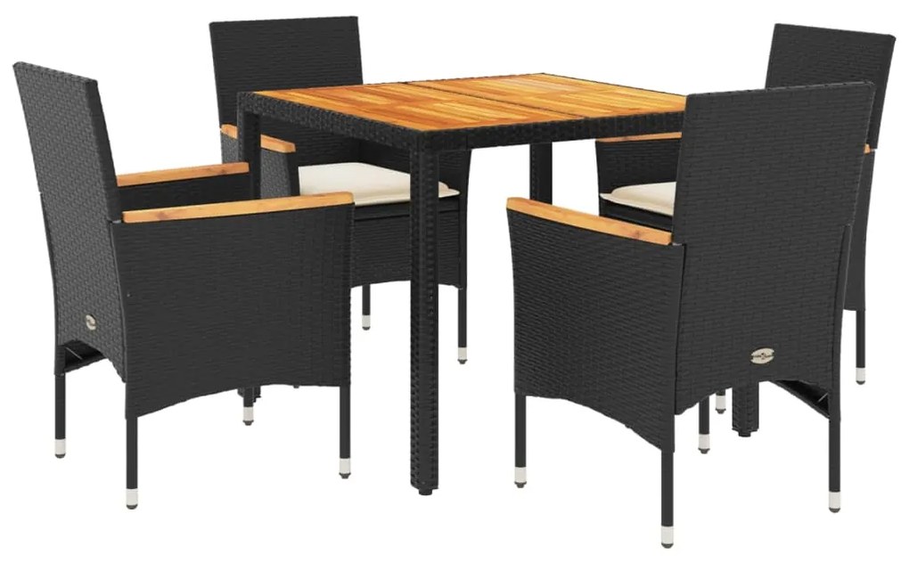 Set pranzo da giardino 5 pz con cuscini nero polyrattan acacia