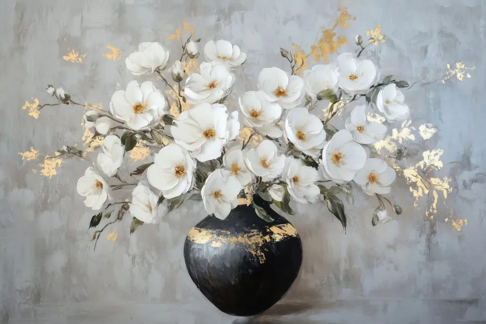 Stampa su tela – Rami di fiori in vaso nero