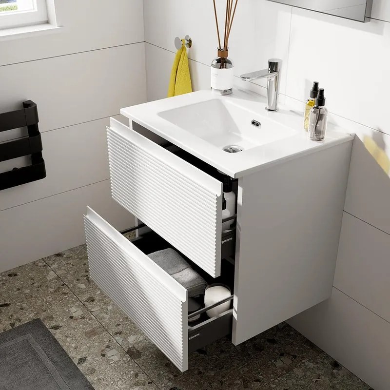 Mobile bagno con lavabo STEP L60 x H60 x P46 cm bianco opaco in mdf cannettato 2 cassetti per vasca centrale