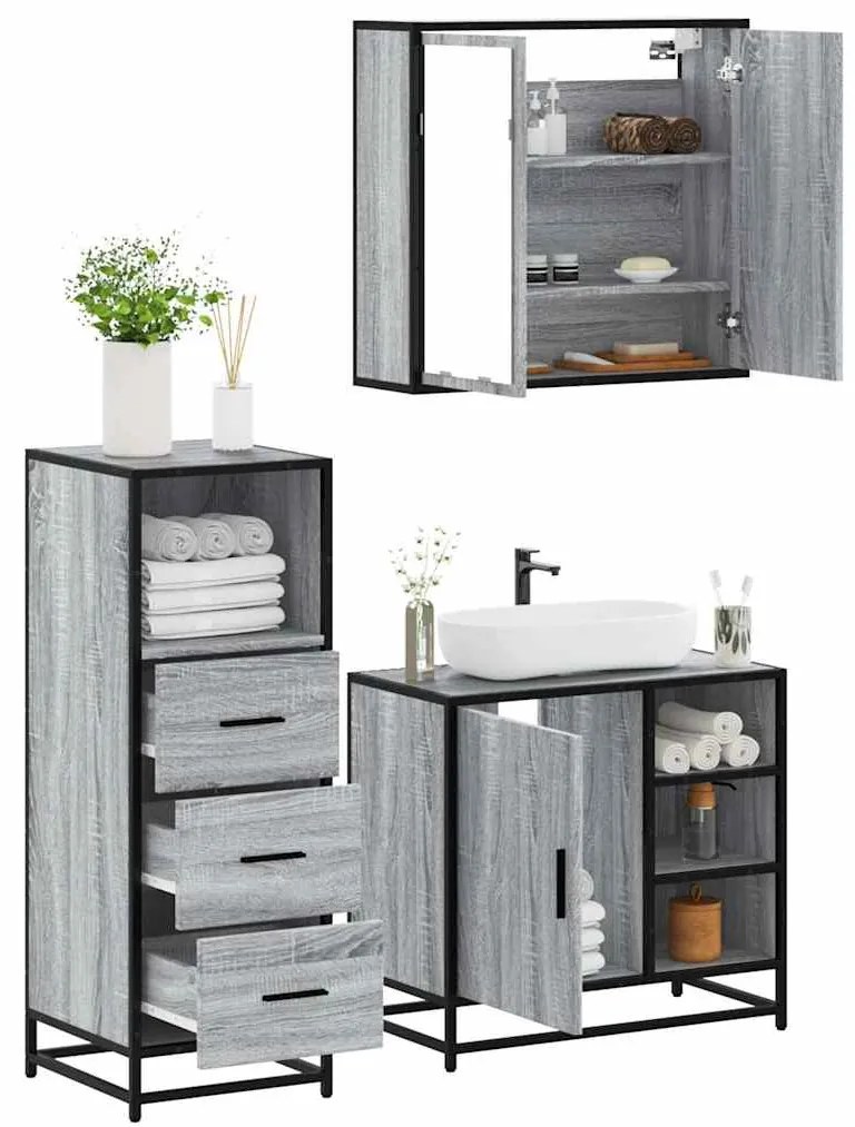 Set Mobili Da Bagno 3 Pz Grigio Sonoma İn Legno Multistrato /