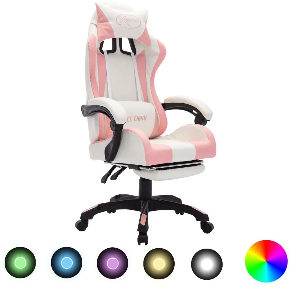 Sedia da Gaming con Luci a LED RGB Rosa e Bianca in Similpelle