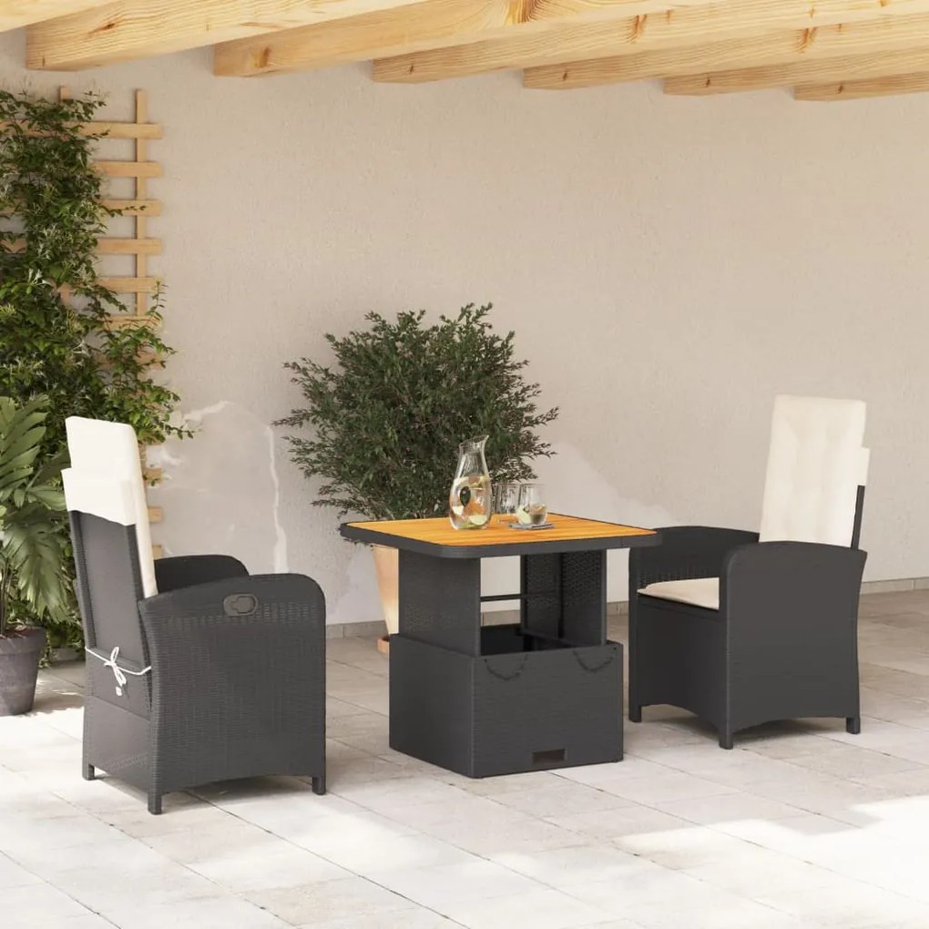 Set da pranzo da giardino 3 pz con cuscini nero in polyrattan