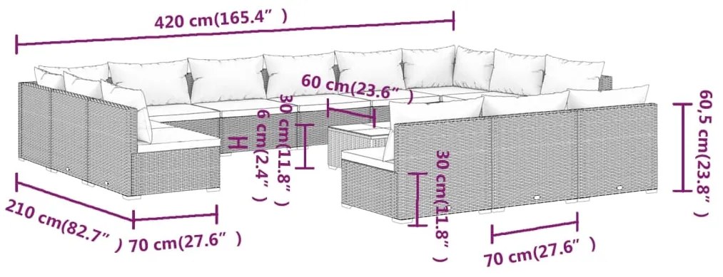 Set Divani da Giardino 14 pz con Cuscini in Polyrattan Marrone