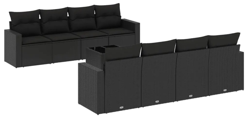 Set divani da giardino 9 pz con cuscini nero in polyrattan