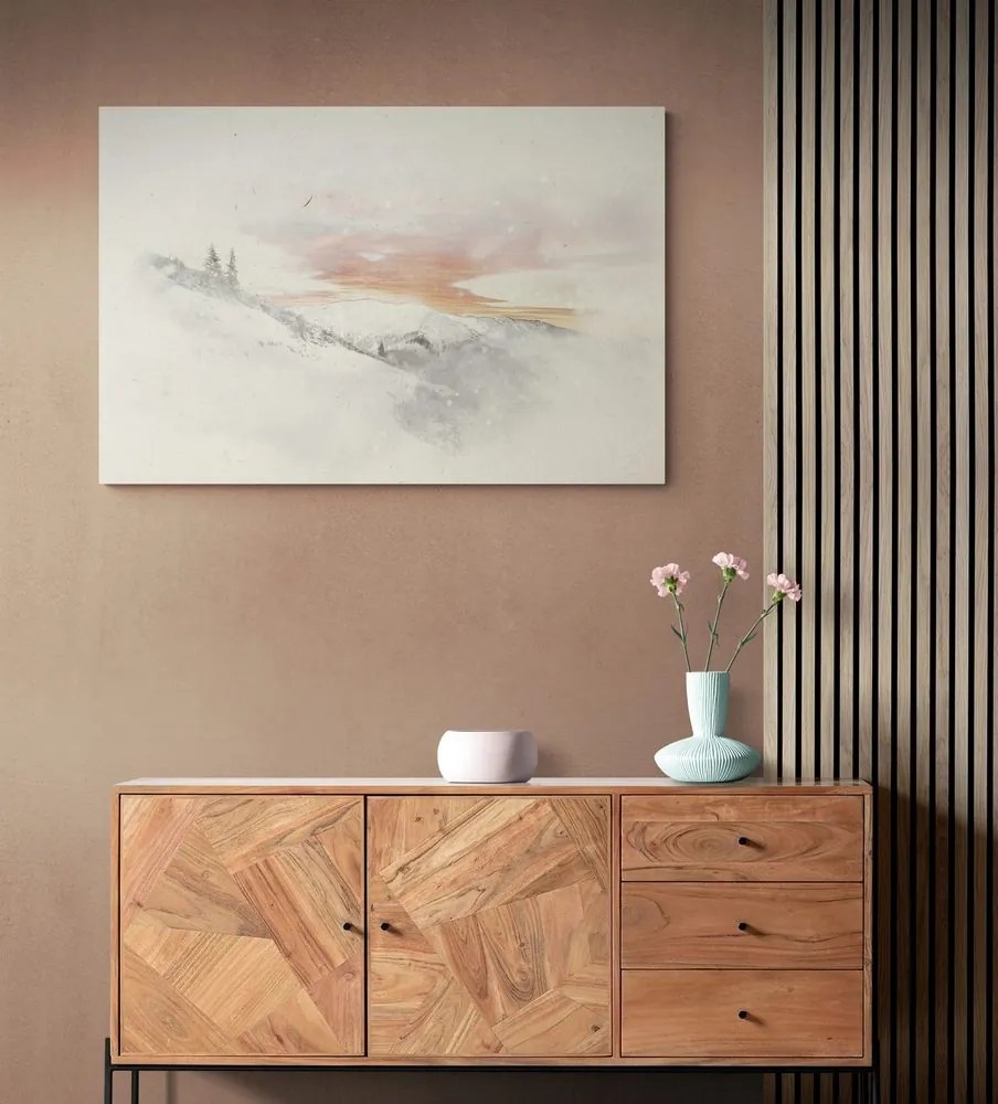 Quadro su tela – Sole calante sulle montagne innevate