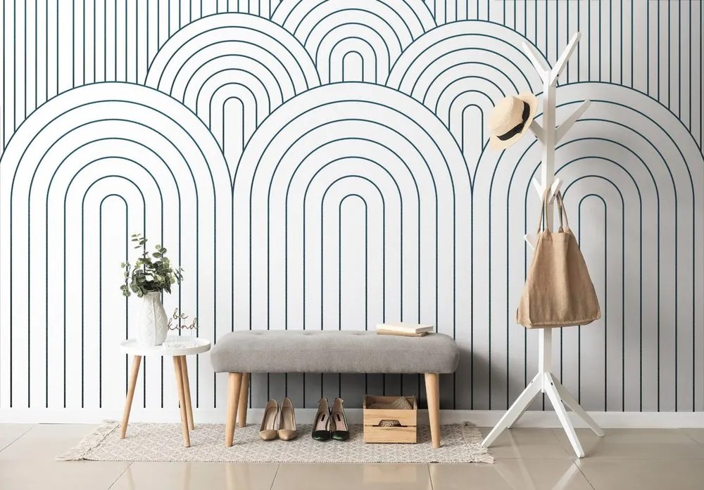 Carta da parati autoadesiva – Motivo arcobaleno Mid-Century bianco-blu