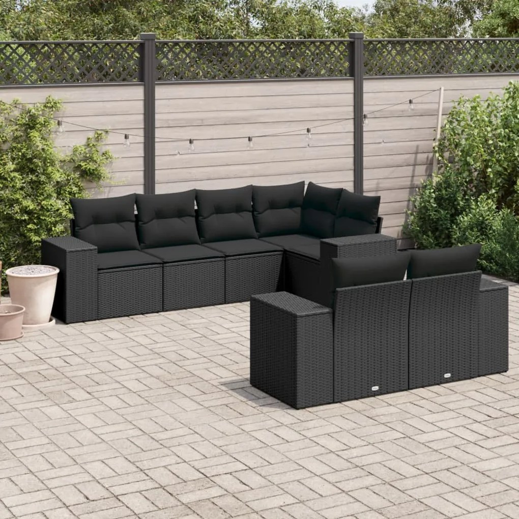 Set Divani da Giardino con Cuscini 7pz Nero Polyrattan