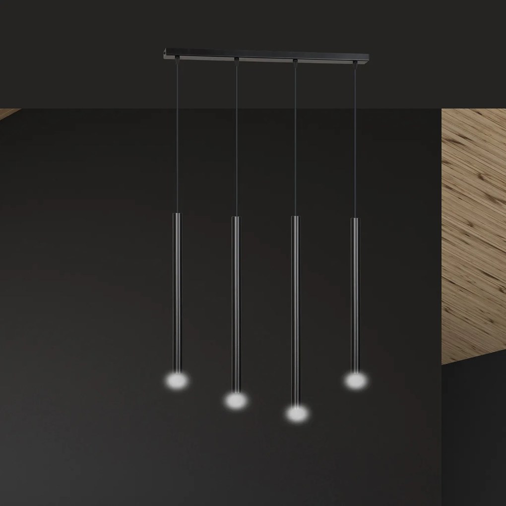 Lampadario 4 Luci Moderno Shu Acciaio Nero E Paralumi A Cilindri Sottili