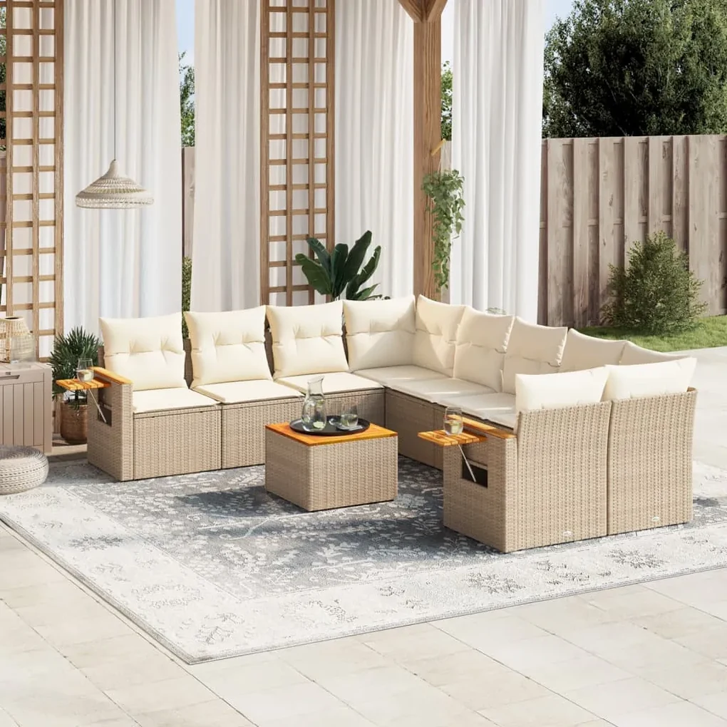 Set divano da giardino 9 pz con cuscini beige in polyrattan