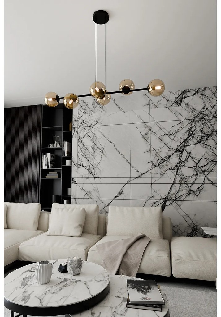 Lampadario Contemporaneo 6 Luci Durga In Acciaio Nero E Sfere In Vetro Ambra