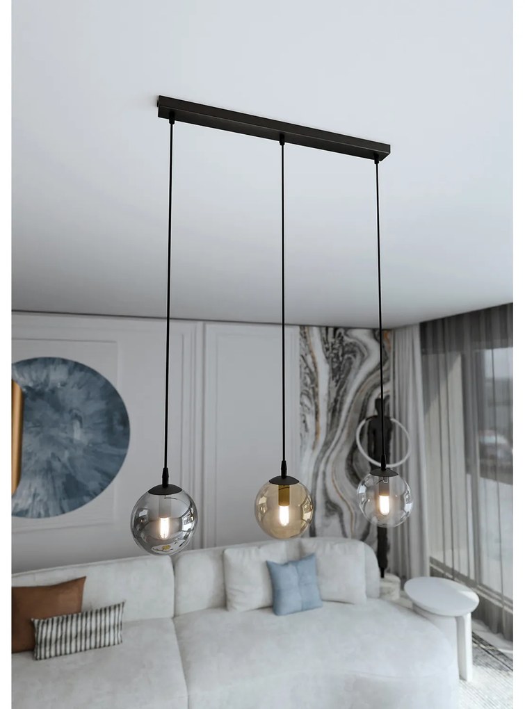 Sospensione Moderna 3 Luci Kali In Acciaio Nero E Sfere In Vetro Multicolor