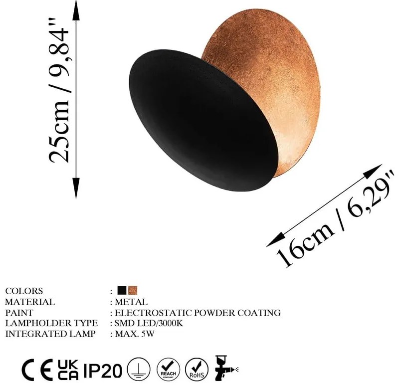 Lampada da parete a LED in nero e rame ø 25 cm Yosma - Opviq lights