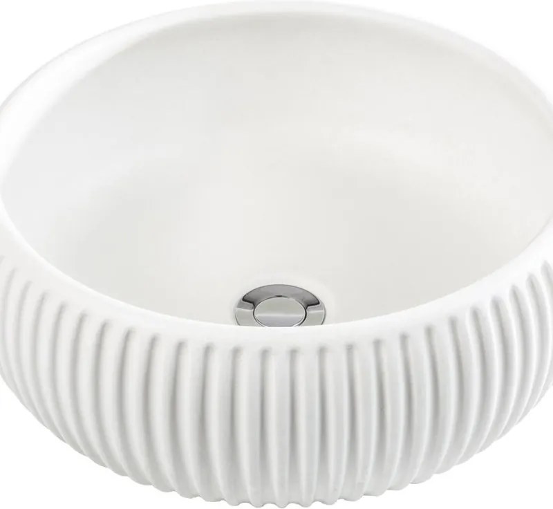 Lavabo da appoggio plisse bianco CIPI tondo D38cm in cemento bianco opaco piletta non inclusa
